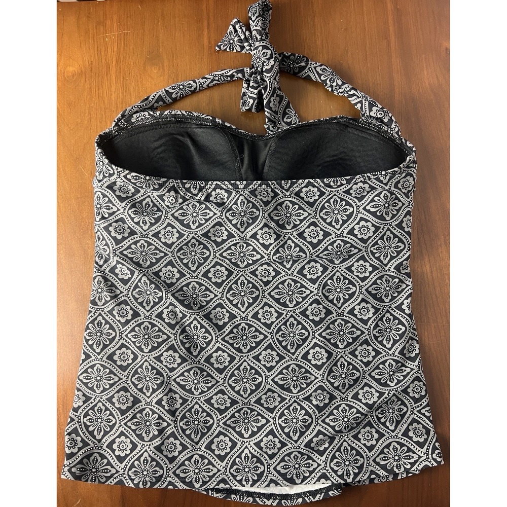 Lands End‎ Tankini Top Women 10 Black White Print Shelf Bra Swimwear - Picture 2 of 7